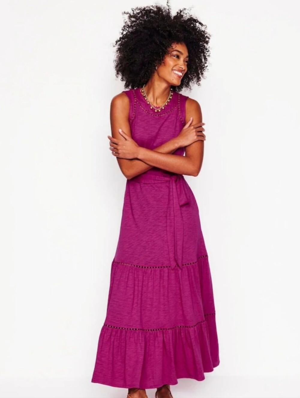 Boden Sleeveless Tiered Maxi Dress in Fuchsia Pink with Waist Tie